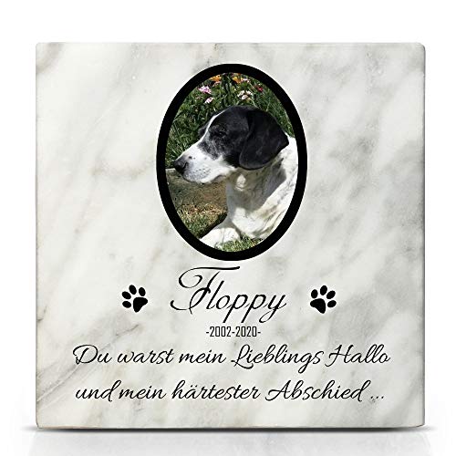 TULLUN Individueller Personalisierter Weißer Natur Marmor Gedenkstein für Hunde, Katze und andere Haustiere - Größe 10 x 10 cm - Foto und Name von TULLUN