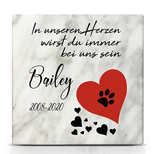 TULLUN Individueller Personalisierter Weißer Natur Marmor Gedenkstein für Hunde, Katze und andere Haustiere - Größe 10 x 10 cm - Rote Herz und Pfote von TULLUN