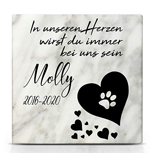 TULLUN Individueller Personalisierter Weißer Natur Marmor Gedenkstein für Hunde, Katze und andere Haustiere - Größe 10 x 10 cm - Schwarzes Herz von TULLUN