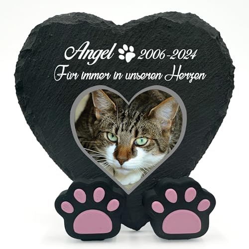 TULLUN Personalisierte Gedenktafel in Herzform Pfotenständer für Haustier Katze Hund Schiefer Stein Rahmen Pelziger Freund Grabstein | 10 x 10 cm| - Foto und Name von TULLUN