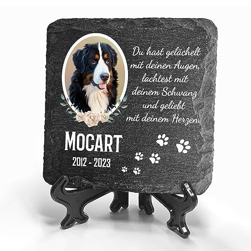 TULLUN Personalisierte dunkelgraue Gedenktafel mit Ständer für Haustier Katze Hund Schiefer Stein Grab Marker - Größe 10 x 10 cm - Foto mit Blumenrahmen TULLUN Personalisierte dunkelgraue Gedenktafel mit Ständer für Haustier Katze Hund Schiefer Stein Grab Marker - Größe 10 x 10 cm - Foto mit Blumenrahmen von TULLUN