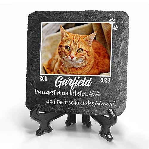 TULLUN Personalisierte dunkelgraue Gedenktafel mit Ständer für Haustier Katze Hund Schiefer Stein Grab Marker - Größe 10 x 10 cm - Großes Foto TULLUN Personalisierte dunkelgraue Gedenktafel mit Ständer für Haustier Katze Hund Schiefer Stein Grab Marker - Größe 10 x 10 cm - Großes Foto von TULLUN