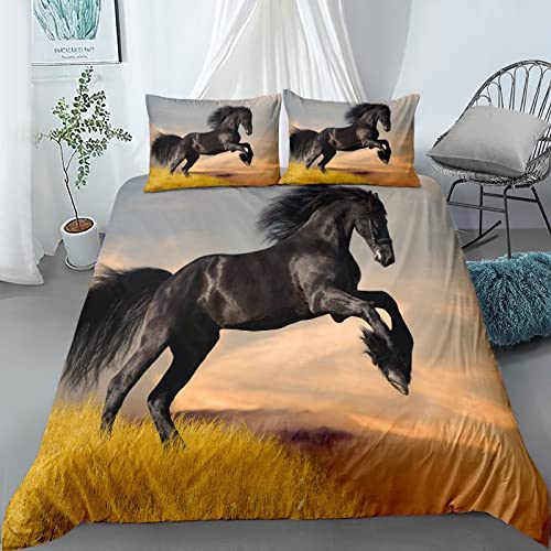 Pferde Motiv Bettbezug,Das laufende Pferd Motiv Kinder Bettwäsche Set,3D-Druck Tiere Pferd Motiv Bettbezug für Kinder, Jungen, Jugendlich mit Reißverschluss und Kissenbezug (Schwarz1, 200×200cm) von TULTOAP