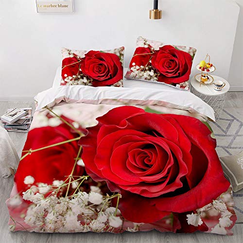 TULTOAP 3D Rot Rose Bedruckte Bettwäsche Sets, Romantische Rose Blume Bettbezug Rose Bettwäsche für Mädchen Erwachsene Schlafzimmer Dekoration (Rose 1,135 x 200 cm) von TULTOAP