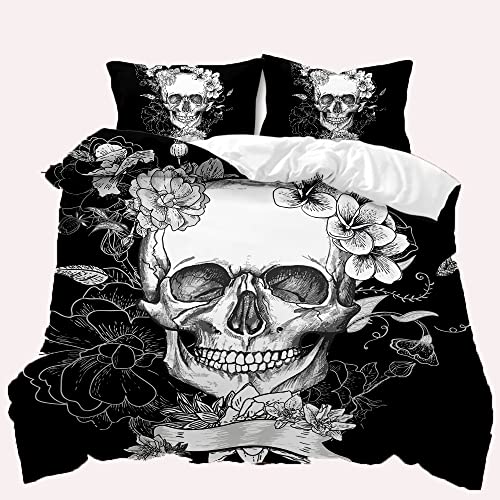 TULTOAP Bettwäsche 135x200 3D-Druck Blumen und Schädel Bettbezug Rose Totenkopf Bettwäsche Gothic Bettdecke Skull Motiv Bettwäsche Set mit Kissenbezug (Handbemalte Schädel,135 x 200 cm) von TULTOAP