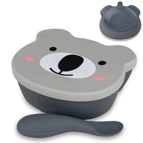 TUM TUM Babyteller mit Saugnapf mit Deckel & Löffel, Babygeschirrset 6 Monate +, Kev Koala, Grau von TUM TUM