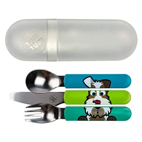 TUM TUM Kinder Reisebesteck - Edelstahl Babybesteck - Kinderbesteck mit Motiv (Hund) - extra Aufbewahrung - Esslernbesteck Set - Kindergeschirr 3-10 Jahre - BPA frei von TUM TUM