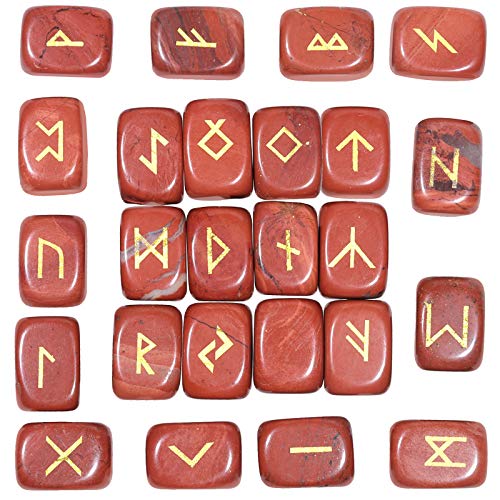 TUMBEELLUWA Roter Jaspis-Runenstein mit eingraviertem Älteren Futhark-Alphabet, Energie-Kristallstein-Set für Wahrsagung, Wicca, Meditation von TUMBEELLUWA