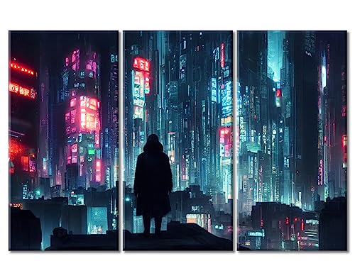 3 Stück Cyberpunk City voller Neonlichter, Wandkunst, Wandgemälde, Zukunftsstadt-Konzept, Bilder, Druck auf Leinwand, moderne Leinwanddrucke, Wanddekoration, Kunstwerk, gerahmtes Poster, Büro, von TUMOVO