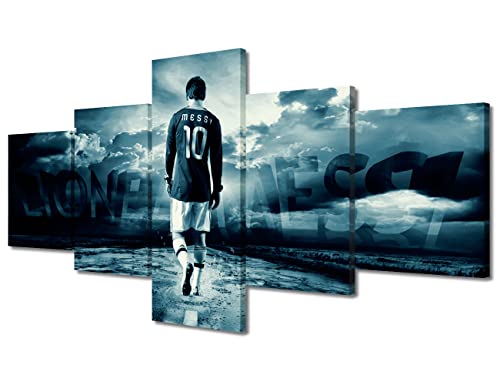 Fußball-Stern-Poster, Wandkunst, Dekoration, 5 Paneele, Lionel Messi-Figur, inspirierendes Poster, moderne Dekoration, gespannt und gerahmt, fertig zum Aufhängen (127 cm Bx61 cm H) von TUMOVO