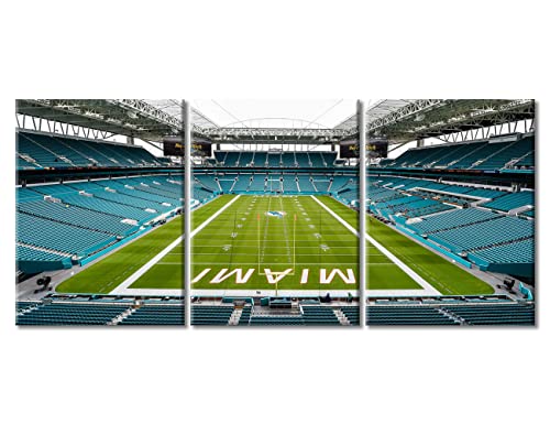 TUMOVO American Miami Decor Delfine Sport Stadion Bilder USA Fußball Gemälde 3teilig Leinwand Wandkunst Florida US Artwok Heimdekoration für Wohnzimmer GicléeGerahmt, fertig zum Aufhängen, 91,4 cm von TUMOVO