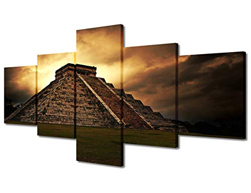 Wandkunst, Maya-Pyramide von Kukulcan El Castillo bei Sonnenuntergang, Bild auf Leinwand, Mexiko-Tempelgemälde, modernes Azteken-Kunstwerk, gerahmt, fertig zum Aufhängen (127 cm Bx61 cm H) von TUMOVO