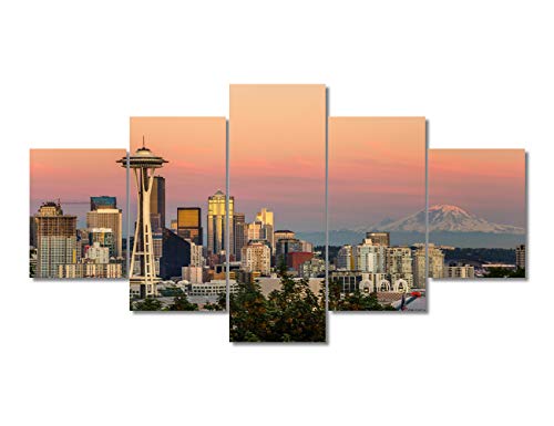 Wandkunst, gerahmt, Kunstwerk Seattle Skyline bei Sonnenuntergang, Mt. Rainier im Hintergrund, Bilder für Wohnzimmer, 5-teilig, Leinwand, Heimdekoration, fertig zum Aufhängen (152.4 x 81.3 cm) von TUMOVO