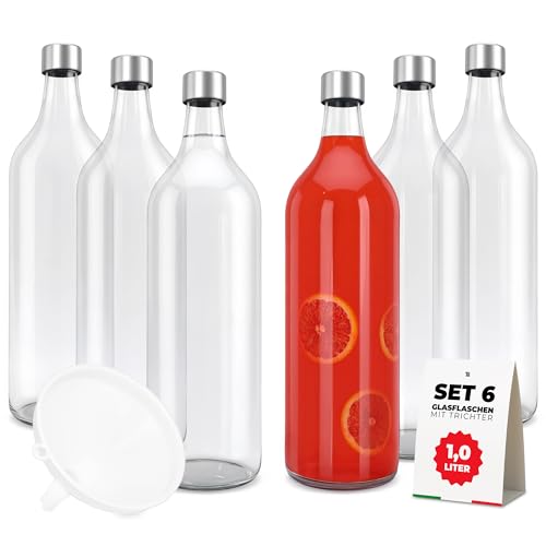 TUNDRA – 6 Stück Glasflaschen Zum Befüllen 1 Liter mit 6 Deckeln und 1 Trichter | Linie ELVIA | Wasserflaschen MADE IN GERMANY, Durchsichtige, Bruchsicher und Spülmaschinenfest Glas Trinkflasche TUNDRA – 6 Stück Glasflaschen Zum Befüllen 1 Liter mit 6 Deckeln und 1 Trichter | Linie ELVIA | Wasserflaschen MADE IN GERMANY, Durchsichtige, Bruchsicher und Spülmaschinenfest Glas Trinkflasche von TUNDRA ICE INTERNATIONAL