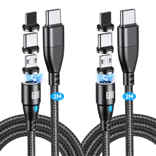 TUNKIA 9PIN 60W USB C Magnet Ladekabel 2Stück [2M+2M], Magnetisches Ladekabel Schnellladung für Typ C/Micro USB/i-Products Laptop, Tablet, Smartphone von TUNKIA