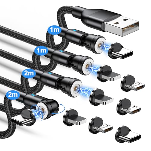 TUNKIA Ladekabel Magnetisch, Magnet Ladekabel 4Stück [1m+1m+2m+2m], 360° und 180° Drehbar Magnetisches USB Ladekabel für Typ C/Micro USB/i-Produkte/Smartphone(Schwarz) von TUNKIA