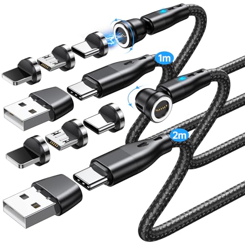 TUNKIA USB C Magnet Ladekabel 7PIN [1M+2M], PD60W Schnelllades Magnetisch Ladekabel, 360°Drehung Magnetkabel Datenübertragungs für Typ C/Micro USB/i-Produkte/Laptop, Tablet, Smartphone von TUNKIA