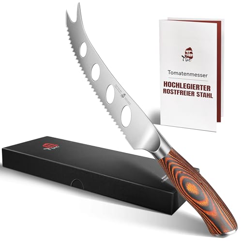 TUO Käsemesser mit Pakkaholz-Griff, Klingenlänge: 12,7cm, Gezahntes Käsepresser aus Deutschem Edelstahl(X50CrMov15), Tomatenmesser, Käseschneider, Käsebeil, Käsehobel, Fiery Phoenix Series von TUO