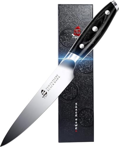 TUO Küche Allzweckmesser Küchenmesser Klein 13cm Kochmesser Universalmesser Deutscher Edelstahl Küchenmesser mit Full Tang Pakkawood Griff-Black Hawk Series von TUO