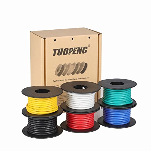 TUOFENG 16awg Draht Flexibler Silikondraht, 1.25 mm² Messgerät verzinnte Kupferdrähte Silikondraht Isoliert (6 verschiedene farbige 4.6m Jeder)(OD: 3 mm) 600V Litzendraht Automotive Verdrahtung von TUOFENG