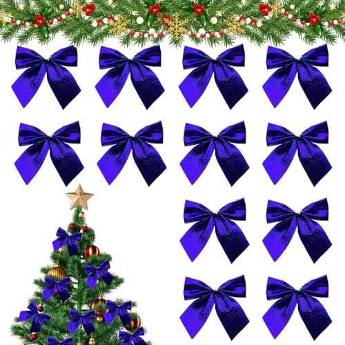 TUONYIS 12 Stück Schleifen Weihnachtsschleifen Weihnachten Blau Schleifen Christmas Glitter Bows Weihnachtsbaumschmuck Deko Weihnachtsbaum Bogen Schleife für Familienfeiern Party Deko (Marineblau) von TUONYIS