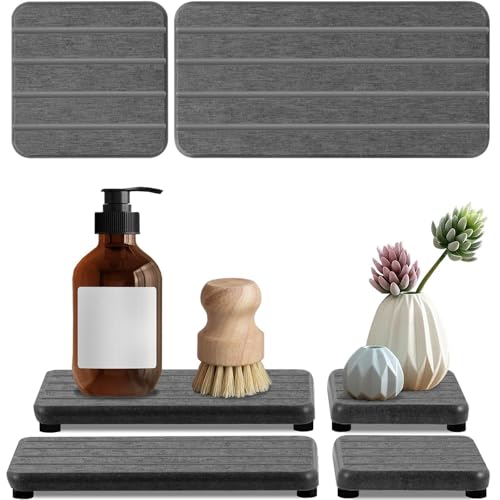 Diatomite Stone Bath Mat,Quick Dry Stone Mat Kitch 4 Stück schnelltrocknende Seifenschale aus Kieselgurstein for Küche und Bad, Schminktischablage, wasserabsorbierender Untersetzer(Dark Gray 4stripes) von TUOYDJA