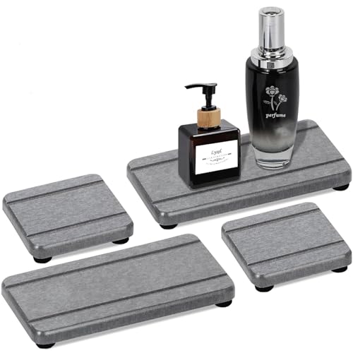 Diatomite Stone Bath Mat,Quick Dry Stone Mat Kitch 4 Stück schnelltrocknende Seifenschale aus Kieselgurstein for Küche und Bad, Schminktischablage, wasserabsorbierender Untersetzer(Gray 2stripes) von TUOYDJA