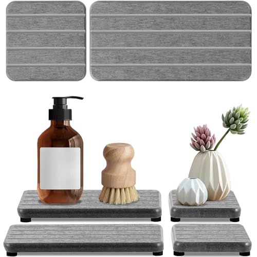 Diatomite Stone Bath Mat,Quick Dry Stone Mat Kitch 4 Stück schnelltrocknende Seifenschale aus Kieselgurstein for Küche und Bad, Schminktischablage, wasserabsorbierender Untersetzer(Gray 4stripes) von TUOYDJA
