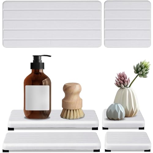 Diatomite Stone Bath Mat,Quick Dry Stone Mat Kitch 4 Stück schnelltrocknende Seifenschale aus Kieselgurstein for Küche und Bad, Schminktischablage, wasserabsorbierender Untersetzer(White 4stripes) von TUOYDJA