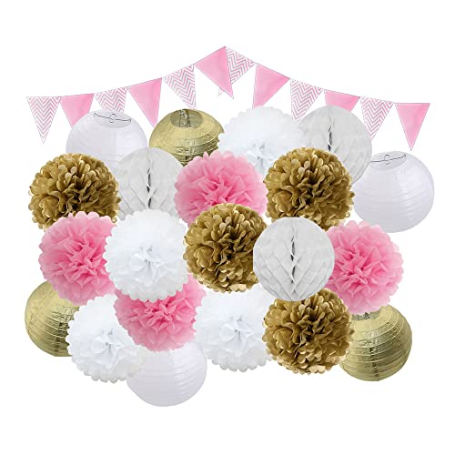 Lampions,Papierlampion 22 teile/satz dekoration gold silber runde papier laterne kinder geburtstag party favorie rosa beige papier pompons(D) von TUOYDJA