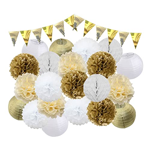 Lampions,Papierlampion 22 teile/satz dekoration gold silber runde papier laterne kinder geburtstag party favorie rosa beige papier pompons(F) von TUOYDJA