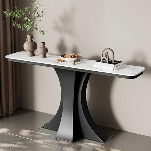 Moderner dekorativer Konsolentisch aus Eisen in Schwarz/Weiß mit Steinplatten-Tischplatte, Tischbein aus Metall, schmaler Tisch hinter dem Sofa, für Eingang, Eingangsbereich(Black-2,80cm/31.4in) von TUPAFJU
