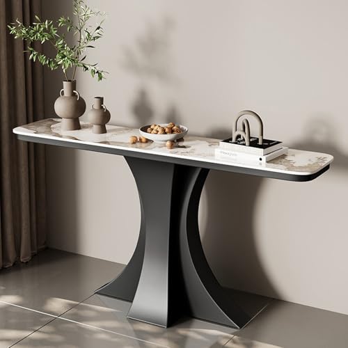 Moderner dekorativer Konsolentisch aus Eisen in Schwarz/Weiß mit Steinplatten-Tischplatte, Tischbein aus Metall, schmaler Tisch hinter dem Sofa, für Eingang, Eingangsbereich(Black-4,80cm/31.4in) von TUPAFJU