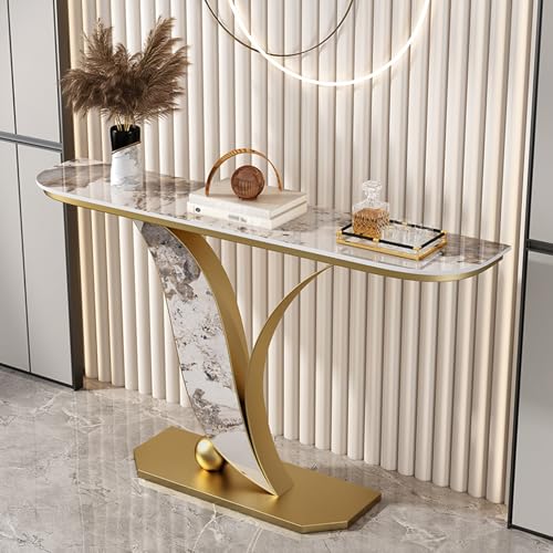 TUPAFJU Moderner, Goldener, dekorativer Konsolentisch aus Eisen mit Steinplatten-Tischplatte, Tischbeinform in Blattform, schmaler Sofatisch, Beistelltisch, für Eingang(80cm/31.4in) von TUPAFJU