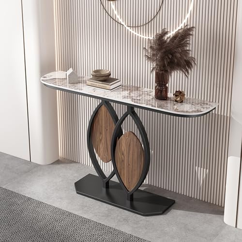 TUPAFJU Moderner, schwarzer, dekorativer Konsolentisch aus Eisen mit Steinplatten-Tischplatte, Form der Tischbeine in Blattform, schmaler Tisch hinter der Sofacouch, für Eingang(A,100cm/39.3in) von TUPAFJU