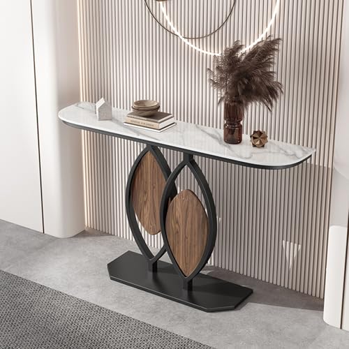 TUPAFJU Moderner, schwarzer, dekorativer Konsolentisch aus Eisen mit Steinplatten-Tischplatte, Form der Tischbeine in Blattform, schmaler Tisch hinter der Sofacouch, für Eingang(B,120CM/47.2in) von TUPAFJU