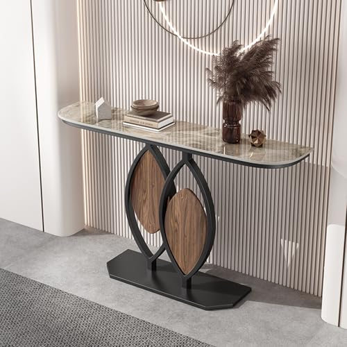TUPAFJU Moderner, schwarzer, dekorativer Konsolentisch aus Eisen mit Steinplatten-Tischplatte, Form der Tischbeine in Blattform, schmaler Tisch hinter der Sofacouch, für Eingang(C,100cm/39.3in) von TUPAFJU