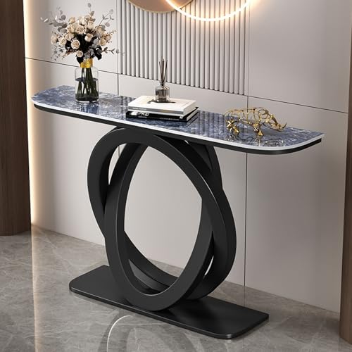 TUPAFJU Moderner dekorativer Konsolentisch aus Eisen mit Steinplatten-Tischplatte, schmaler Tisch hinter der Sofacouch, für Eingang, Eingangsbereich, Flur, Wohnzimmer(Black,150CM-D) von TUPAFJU