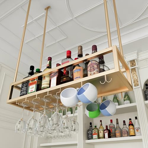 Weinregal Hängend Decken Gläserhalter Höhenverstellbare，Hausbar Wine Rack,Flaschenregal Hängend，Whiskey Regal hängend，Decken hängeregal stemware Rack,Für Küche Wohnzimmer Zuhause Bar(Gold,120CM/47in) von TUPAFJU