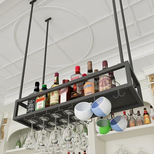 Weinregal Hängend Decken Gläserhalter Höhenverstellbare，Hausbar Wine Rack,Flaschenregal Hängend，whiskey regal hängend，decken hängeregal stemware rack,Für Küche Wohnzimmer Zuhause Bar(Black,120CM/47in) von TUPAFJU