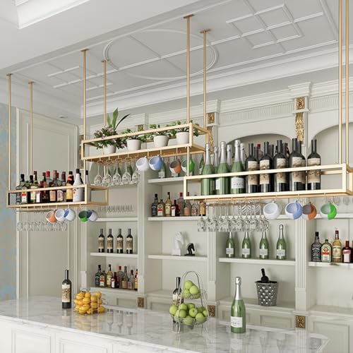 Weinregal Hängend Decken Gläserhalter Höhenverstellbare，Hausbar Wine Rack,Flaschenregal Hängend，whiskey regal hängend，decken hängeregal stemware rack,Für Küche Wohnzimmer Zuhause Bar(Gold,170cm/66.9in von TUPAFJU