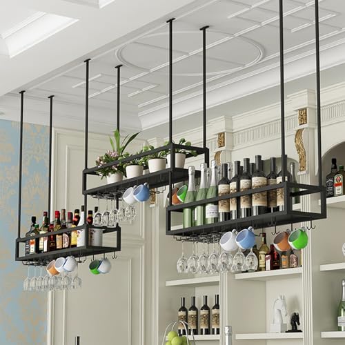 Weinregal Hängend Decken Gläserhalter Höhenverstellbare，Hausbar Wine Rack,Flaschenregal Hängend，whiskey regal hängend，decken hängeregal stemware rack,Für Küche Wohnzimmer Zuhause Bar(Black,230cm/90.5i von TUPAFJU