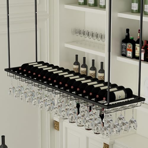 Weinregal Hängend Decken Gläserhalter Höhenverstellbare，Whiskey Regal hängend，Decken hängeregal stemware Rack，Hausbar Wine Rack,Flaschenregal Hängend,Für Küche Wohnzimmer Zuhause Bar(Black,80CM/31in) von TUPAFJU