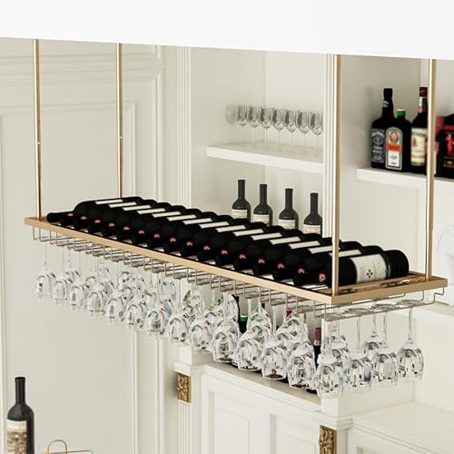 Weinregal Hängend Decken Gläserhalter Höhenverstellbare，Whiskey Regal hängend，Decken hängeregal stemware Rack，Hausbar Wine Rack,Flaschenregal Hängend,Für Küche Wohnzimmer Zuhause Bar(Gold,100CM/39in) von TUPAFJU