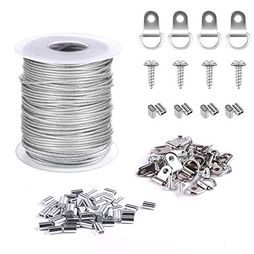 TUPARKA 1,5 mm x 30 m Bilderrahmen-Aufhängedraht 304 Edelstahl-Drahtspule mit 30 Stück Aluminium-Crimpschlaufe und 15 Sätzen D-Ring-Aufhängern (bis zu 25 kg) von TUPARKA
