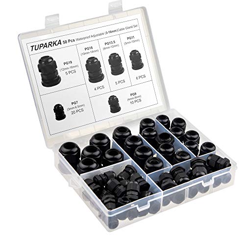 TUPARKA 50 Pack Kabelverschraubung Wasserdichte, einstellbare 3-16 mm Kabelanschlüsse PG7 PG9 PG11 PG13.5 PG16 PG19 Kunststoff-Kabelverschraubungen mit Dichtungen in PP-Box von TUPARKA