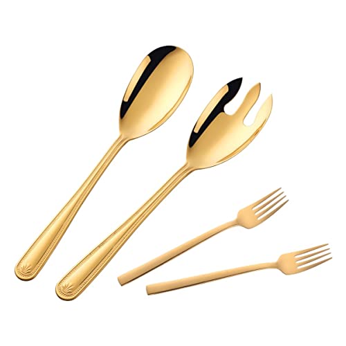 TUPMFG 30 cm Edelstahl Salatbesteck, Gold Salatlöffel & Salatgabel mit 2 Gabeln, Salat Besteck Set für Zuhause & Camping, spülmaschinenfest von TUPMFG