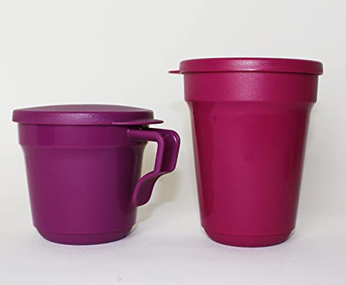 TUPPERWARE Aloha 1x Trinkbecher 470ml Beere + Aloha 1x Tasse mit Henkel 350ml Lila + Mini Trichter lila von TUPPERWARE Mikrowelle