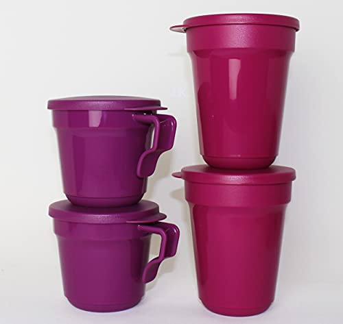 TUPPERWARE Aloha 2x Trinkbecher 470ml Beere + Aloha 2x Tasse mit Henkel 350ml Lila + Mini Trichter lila von TUPPERWARE Mikrowelle