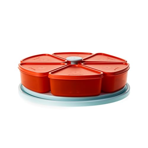 Tupperware Käseteller Käsebuffet Serviertablett Schlemmerrondell Snackteller Drehteller mit Frische-Ecken 3x Hellblau + 3x Lachs von Tupperware
